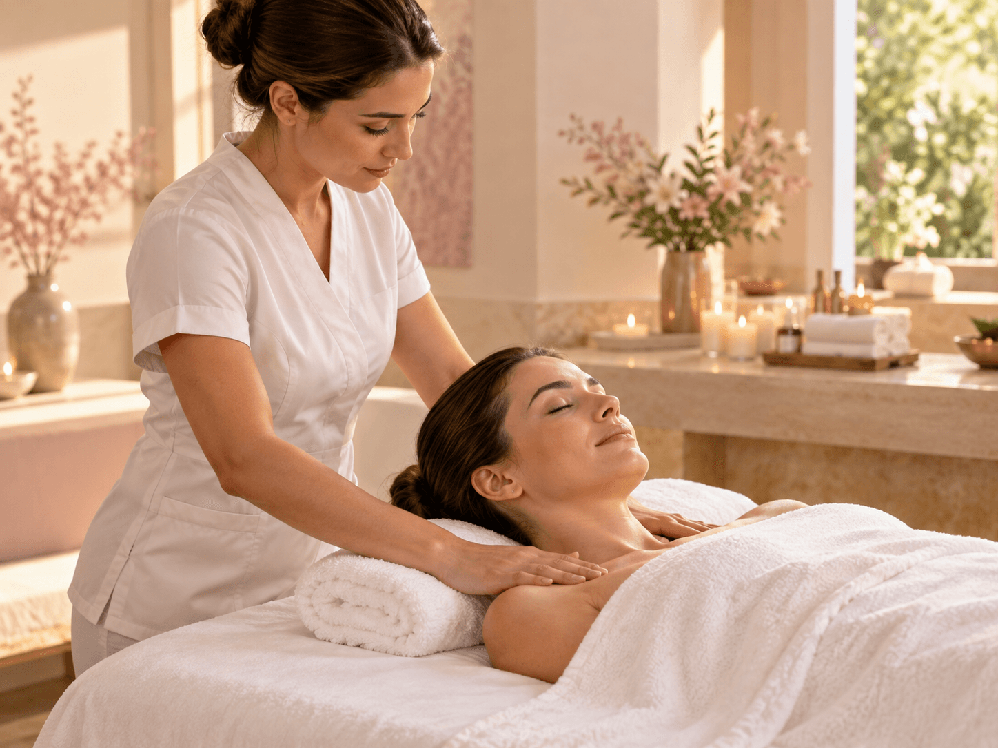 Terapeuta realizando un masaje relajante de hombros en una sala de spa luminosa