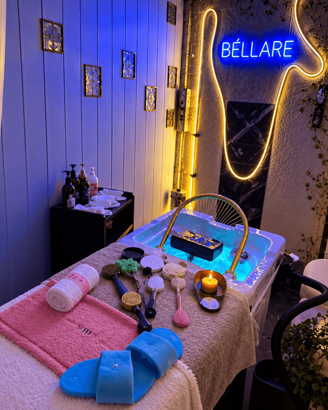 Cabina de Bellare Spa con bañera de pies con luces azules, accesorios de masaje, una vela y el cartel de neón
